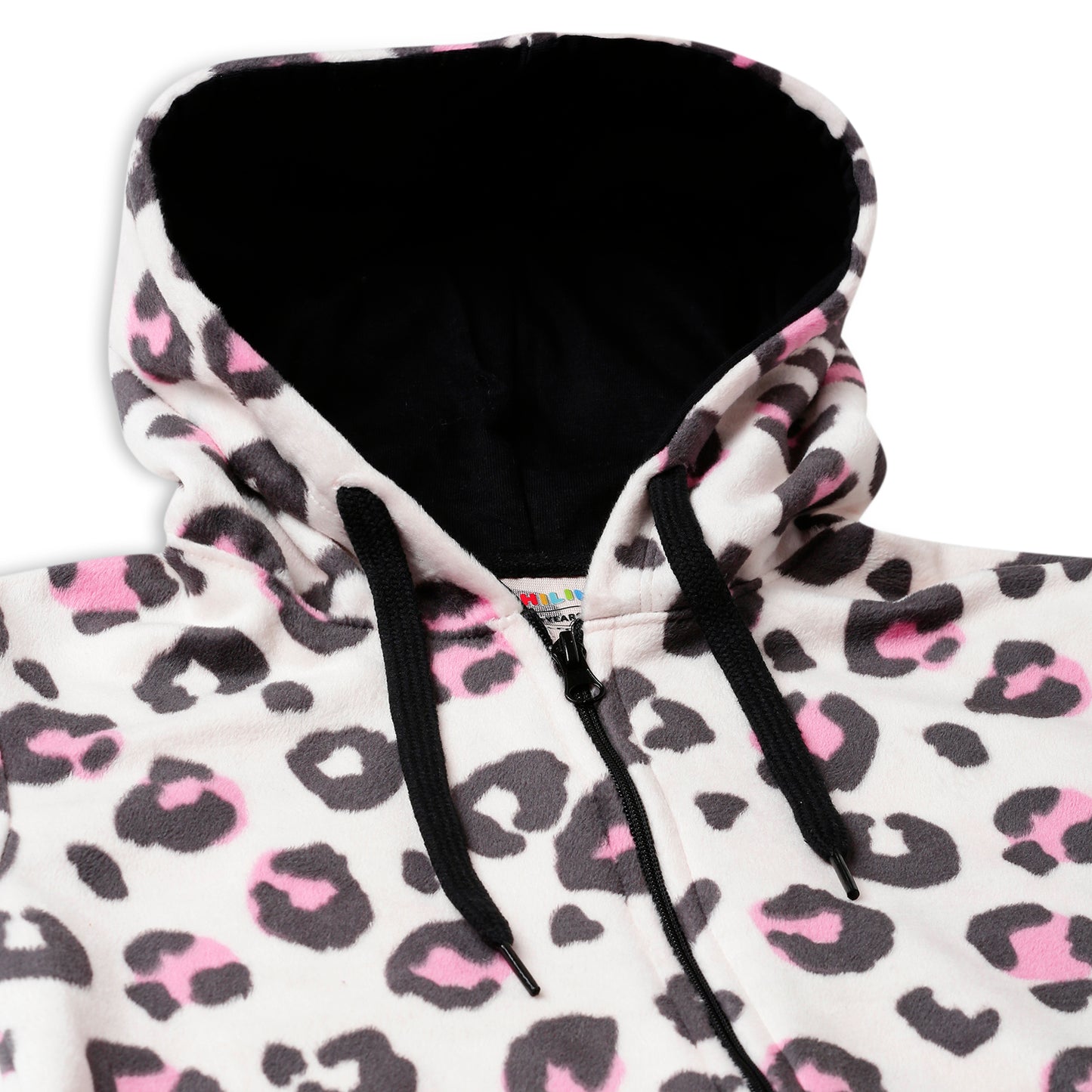Girls Zipper Hooded Sweatshirt | Animal Print | Kangaroo Pockets | Regular Fit | White Black Pink