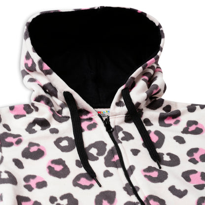 Girls Zipper Hooded Sweatshirt | Animal Print | Kangaroo Pockets | Regular Fit | White Black Pink