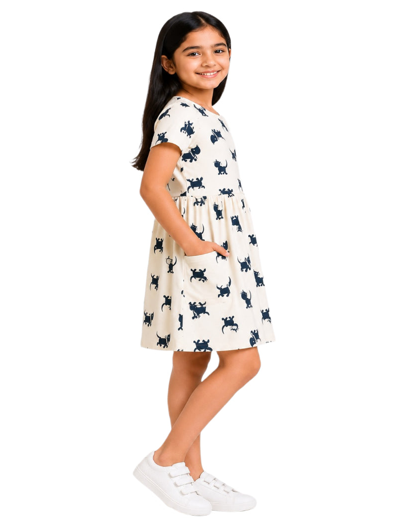 CHILINS Girls Beige Printed Cotton Frock Dress