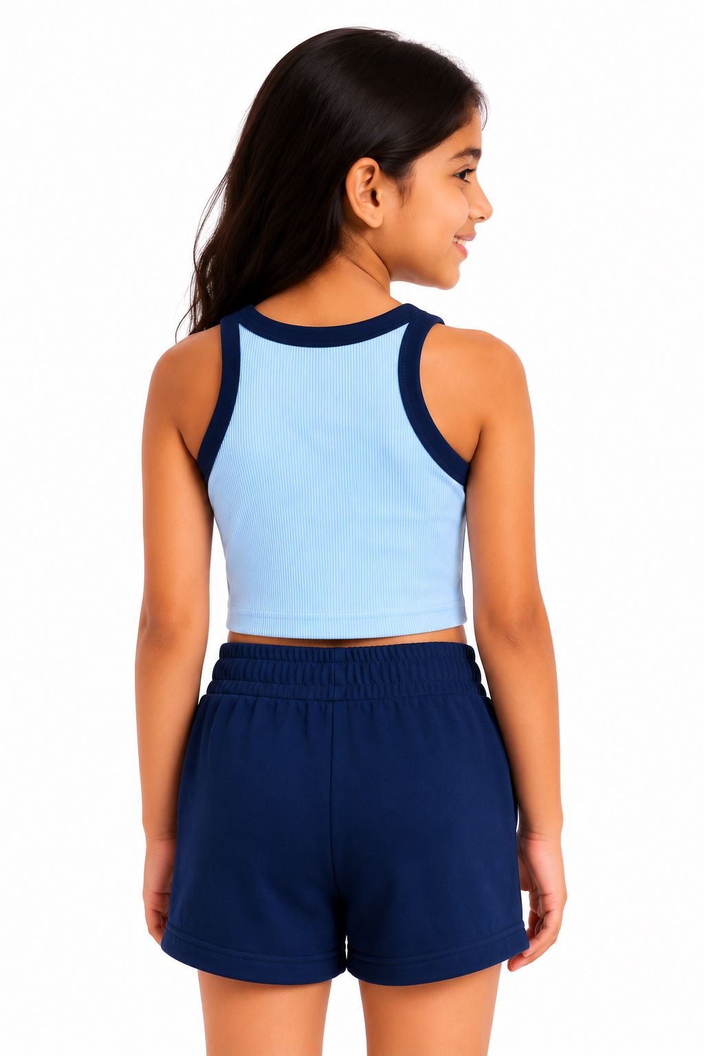 CHILINS Girls Sky Blue Ribbed Contrast Sleeveless Crop Top