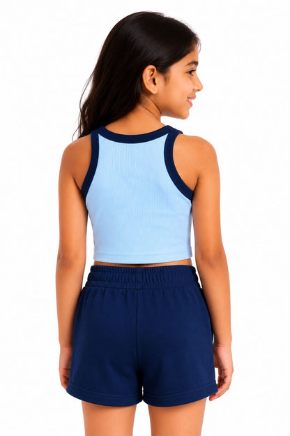CHILINS Girls Sky Blue Ribbed Contrast Sleeveless Crop Top