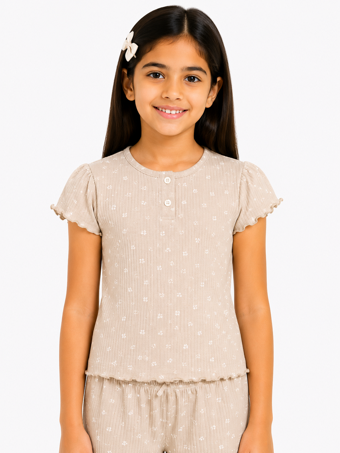 CHILINS Girls Beige Printed Top & Shorts Co-Ord Set