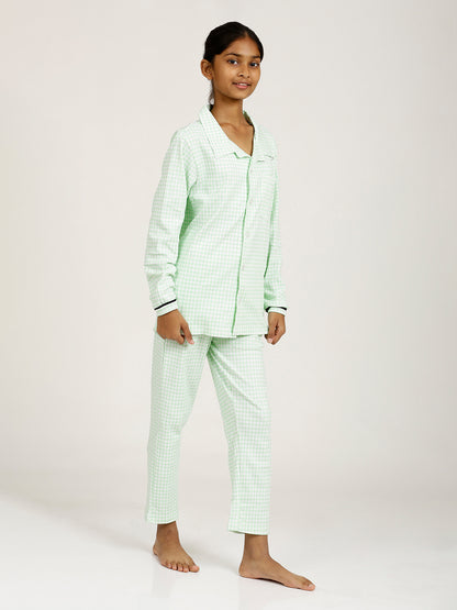 CHILINS Girls Shirt Pyjama Night Dress – Pure Cotton, Green Checkered