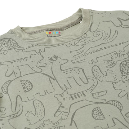 Boys Fleece Printed Round Neck Sweatshirt | Mehandi Animal Cartoon Print