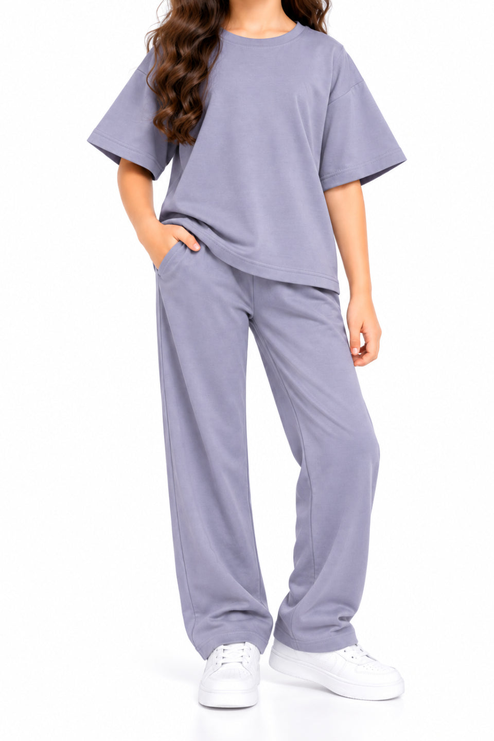 CHILINS Girls Purple Co-Ord Set | Oversized T-Shirt & Wide-Leg Pants