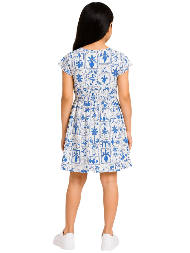 CHILINS Girls Blue & White Printed Fit and Flare Dress – Short Sleeve Casual Party Wear Dress
