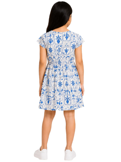 CHILINS Girls Blue & White Printed Fit and Flare Dress – Short Sleeve Casual Party Wear Dress