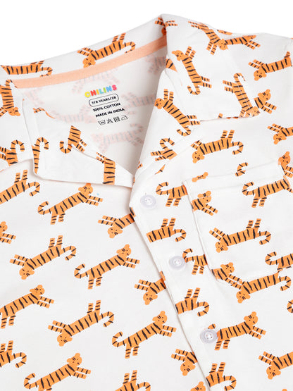 CHILINS Boys Tiger Print Night Suit Set | 100% Pure Cotton Full Sleeve Shirt & Pyjama