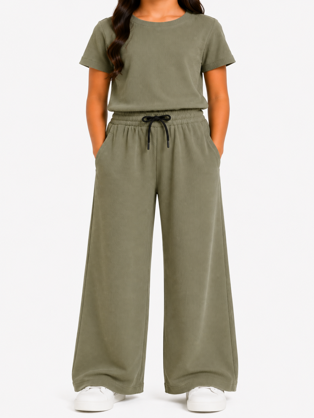 CHILINS Girls Olive Green Textured Top & Wide-Leg Pants Set