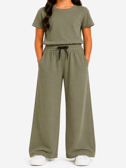 CHILINS Girls Olive Green Textured Top & Wide-Leg Pants Set