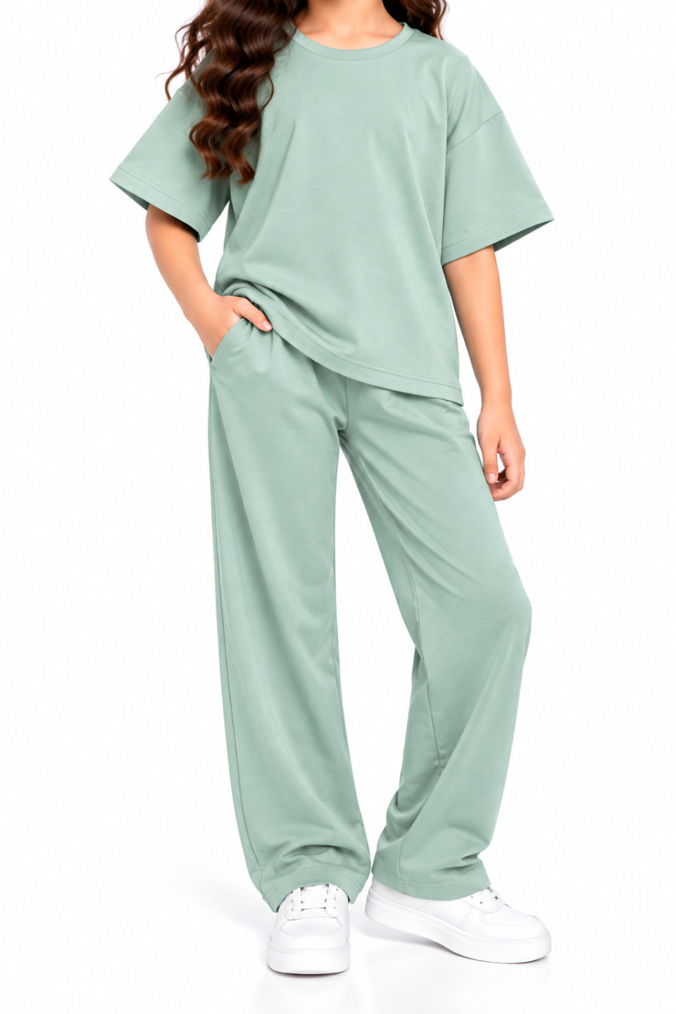 CHILINS Girls Mint Green Co-Ord Set | Oversized T-Shirt & Wide-Leg Pants