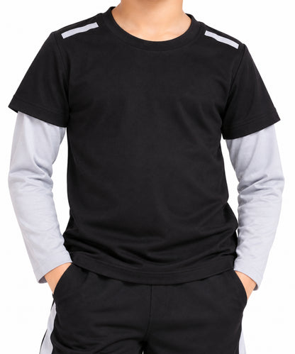 CHILINS Kids Black & Grey Sports T-Shirt | Boys & Girls | Layered Sleeve Design | Active Wear