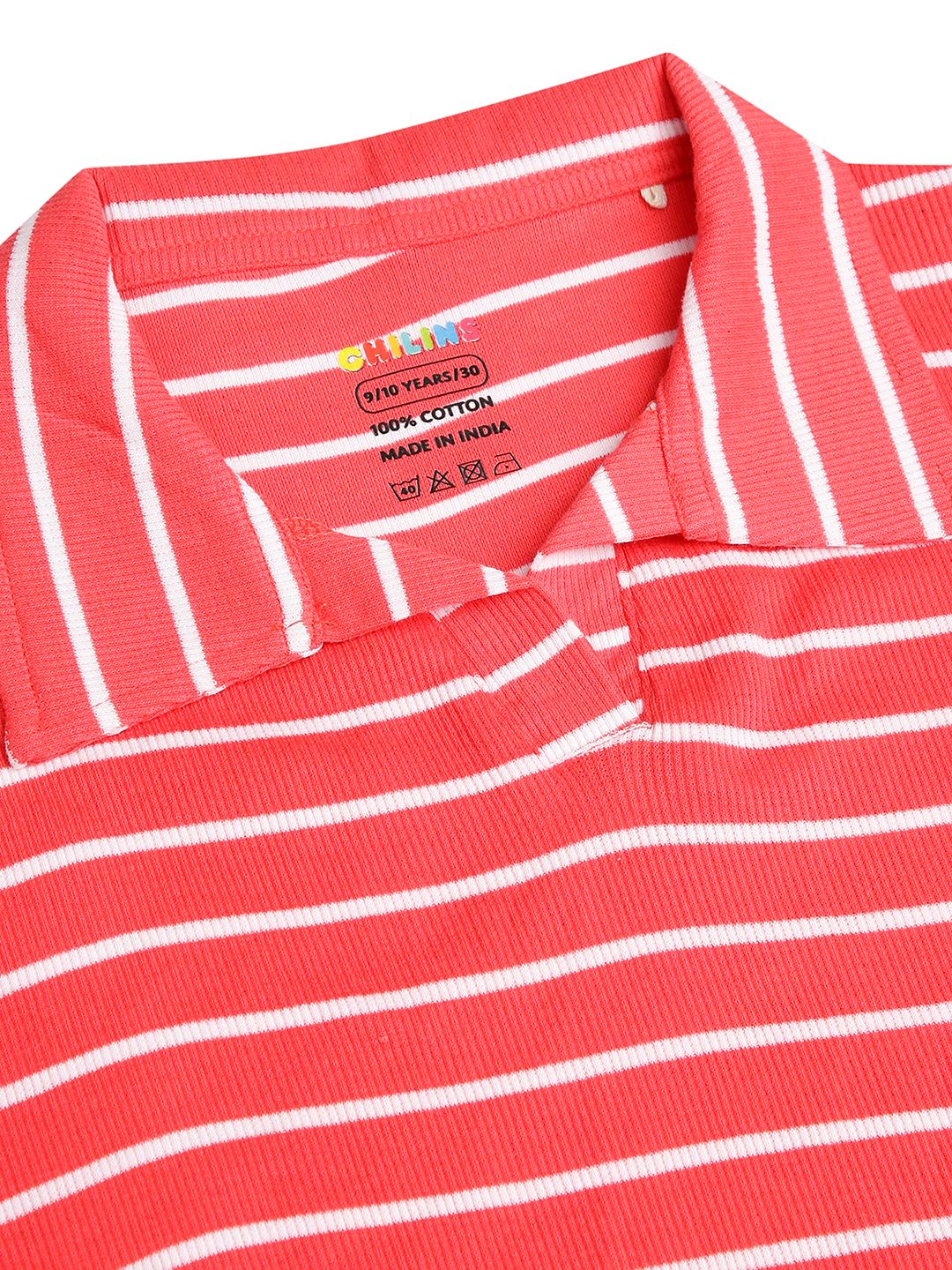 CHILINS Girls Pure Cotton Ribbed Casual Dress – Red & White Striped