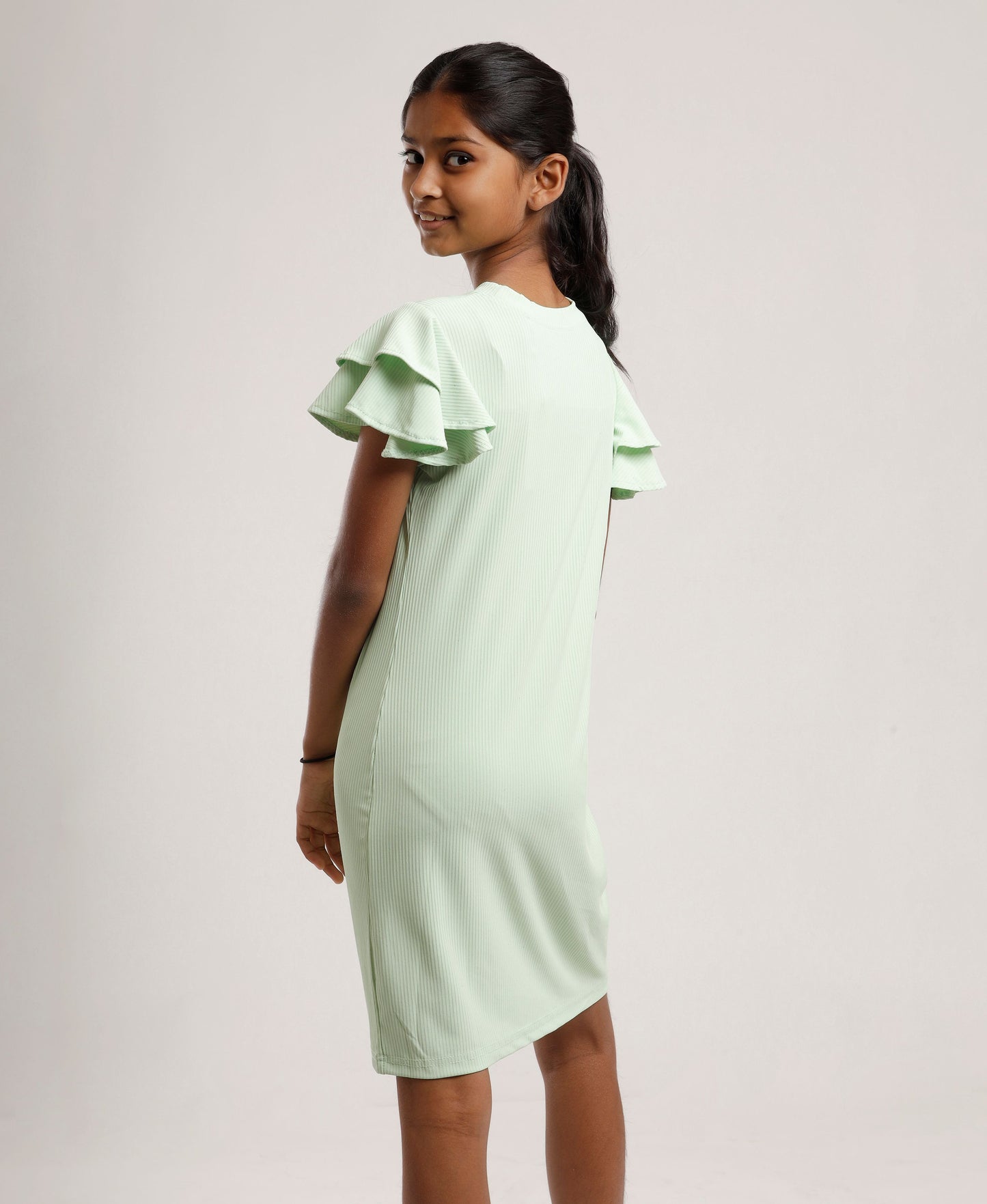 Girls Mint Green Shift Dress | Stylish Ruffle Sleeves | Casual & Outing Wear