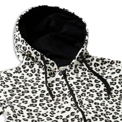 Girls Zipper Hooded Sweatshirt | Animal Print | Kangaroo Pockets | Regular Fit | White Black