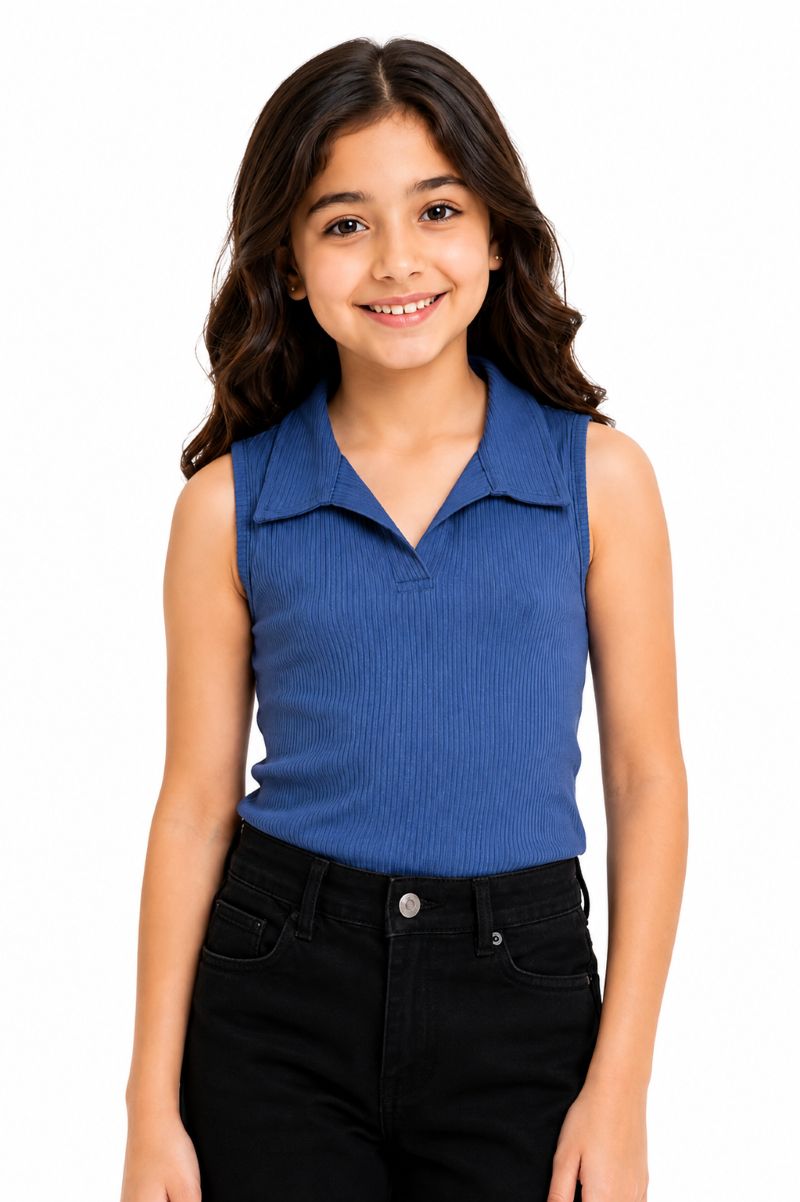CHILINS Girls Blue Sleeveless Ribbed Collared Top