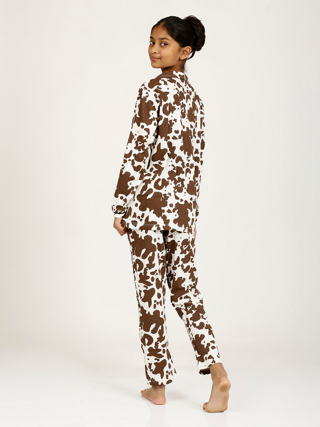 CHILINS Girls Shirt Pyjama Night Dress – Pure Cotton, Brown & Cream