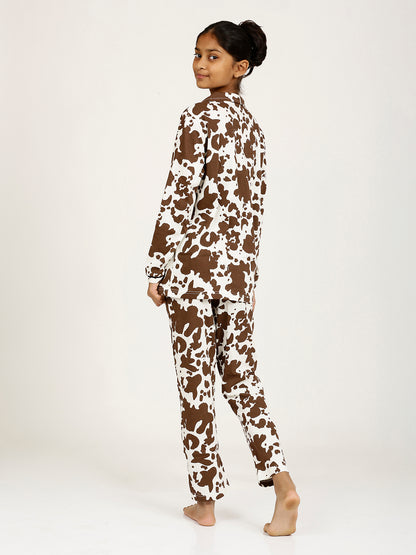 CHILINS Girls Shirt Pyjama Night Dress – Pure Cotton, Brown & Cream