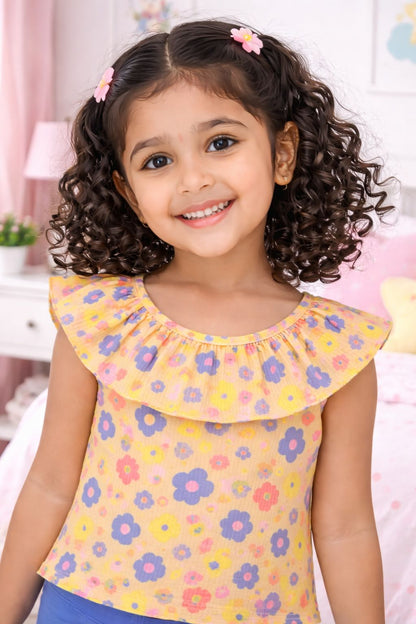 CHILINS Girls Cotton Printed Ruffle Neck Top – Cute Summer Casual Wear