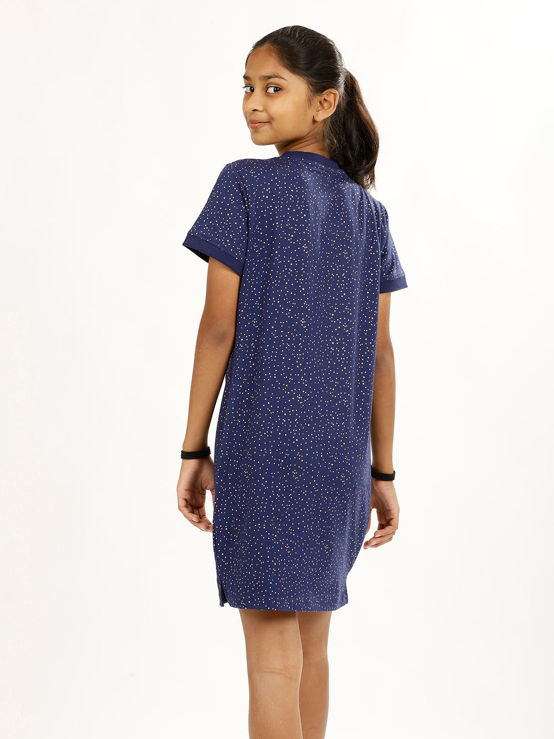 CHILINS Girls Pure Cotton Casual Dress – Blue with Golden Polka Dots