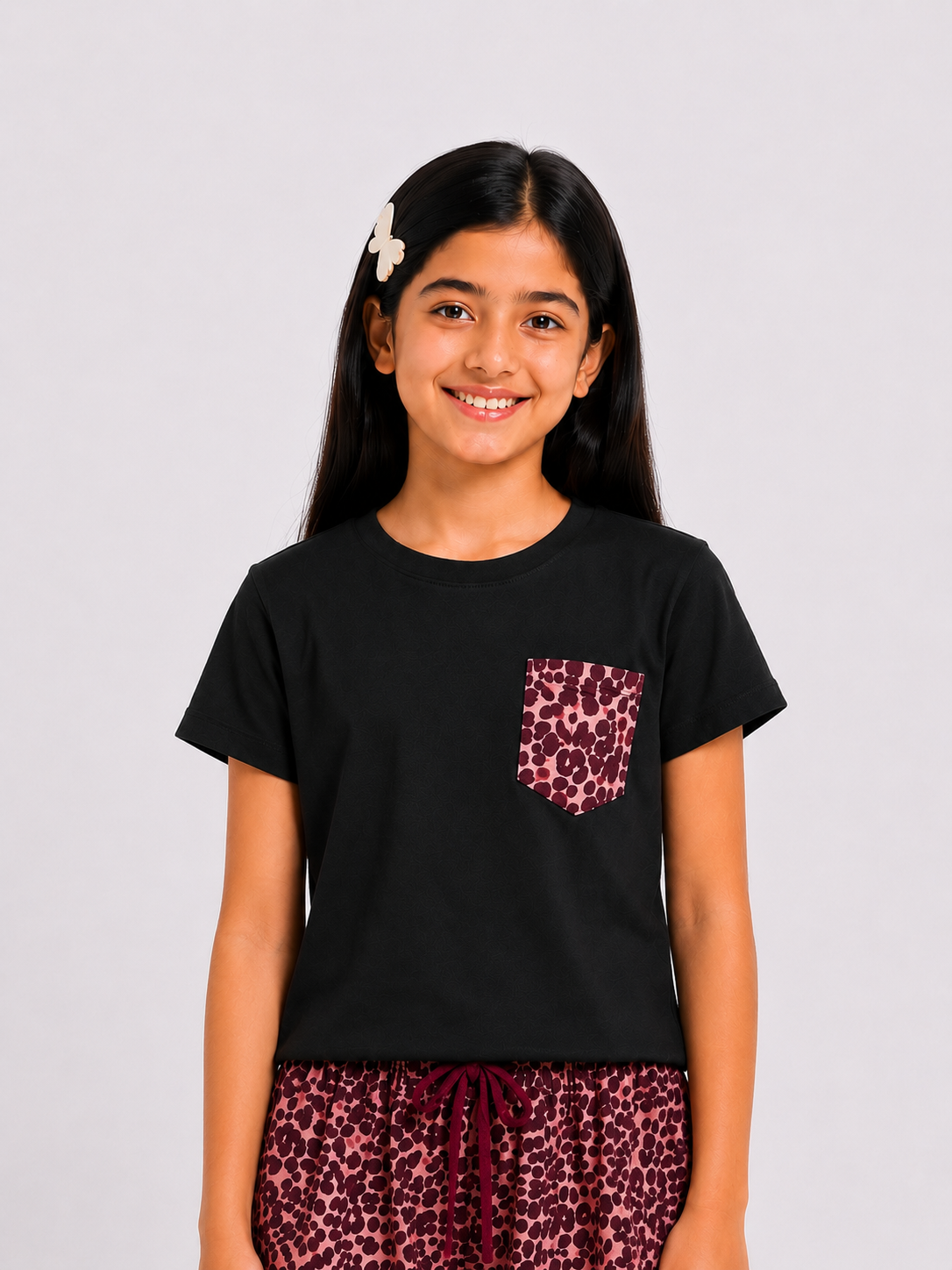 CHILINS Girls Black T-Shirt & Printed Shorts Co-Ord Set