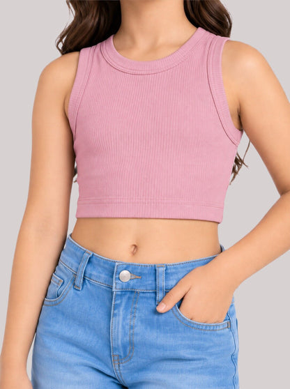 CHILINS Girls Cotton Pink Ribbed Sleeveless Crop Top