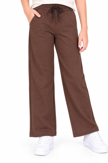 CHILINS Girls Brown Wide Leg Palazzo Pants | Elasticated Drawstring Waist | Side Pockets | Regular Fit | Casual Wear