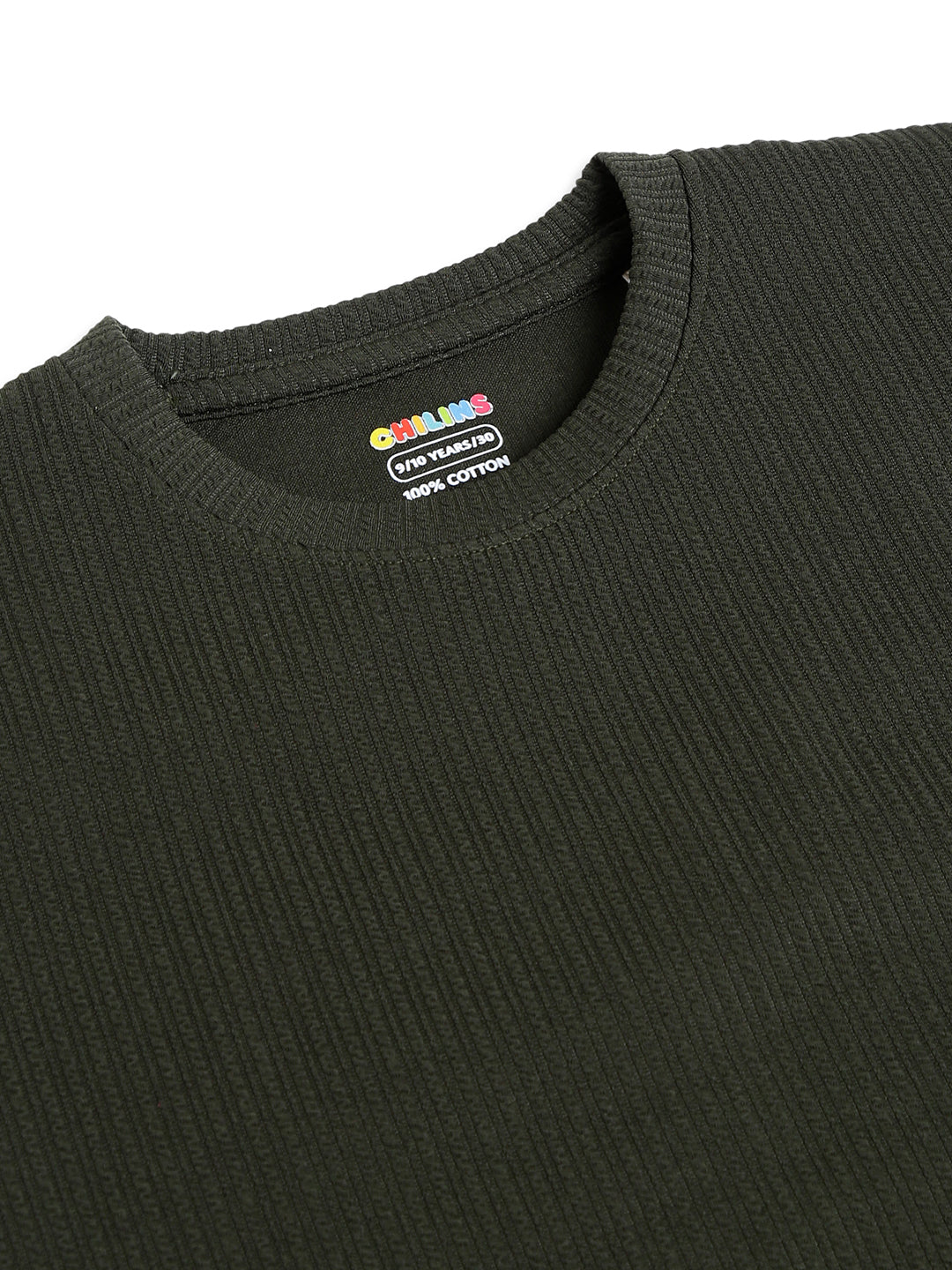 CHILINS Kids Olive Green Textured T-Shirt | Polyester Blended Ribbed Casual Top for Boys & Girls