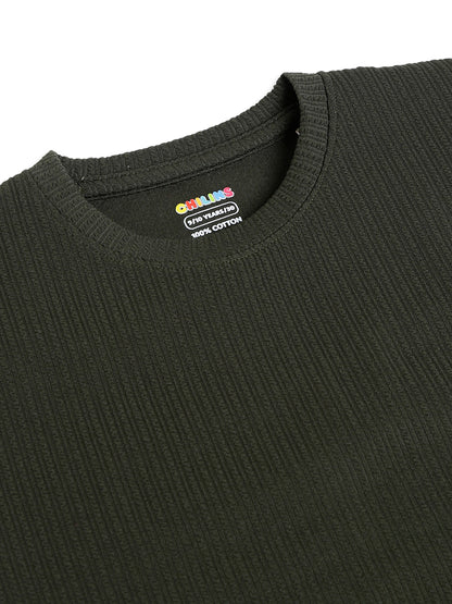 CHILINS Kids Olive Green Textured T-Shirt | Polyester Blended Ribbed Casual Top for Boys & Girls
