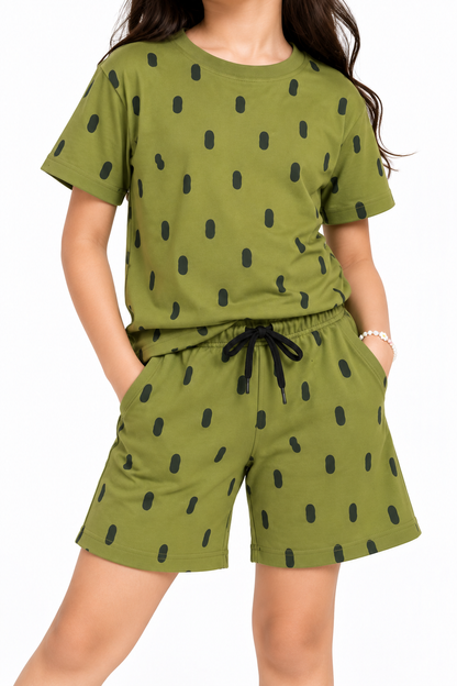 CHILINS Girls Olive Green Printed T-Shirt & Shorts Co-Ord Set