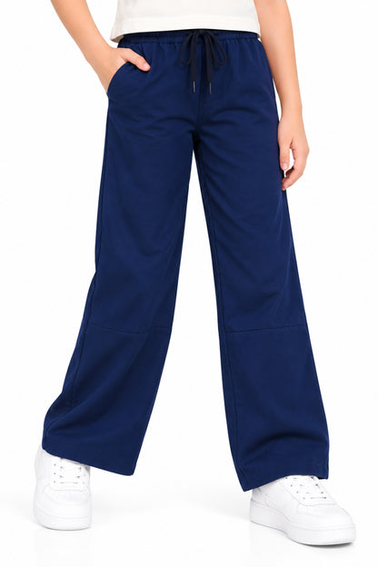 CHILINS Girls Navy Blue Cotton Track Pants | Wide-Leg Trousers with Drawstring Waist