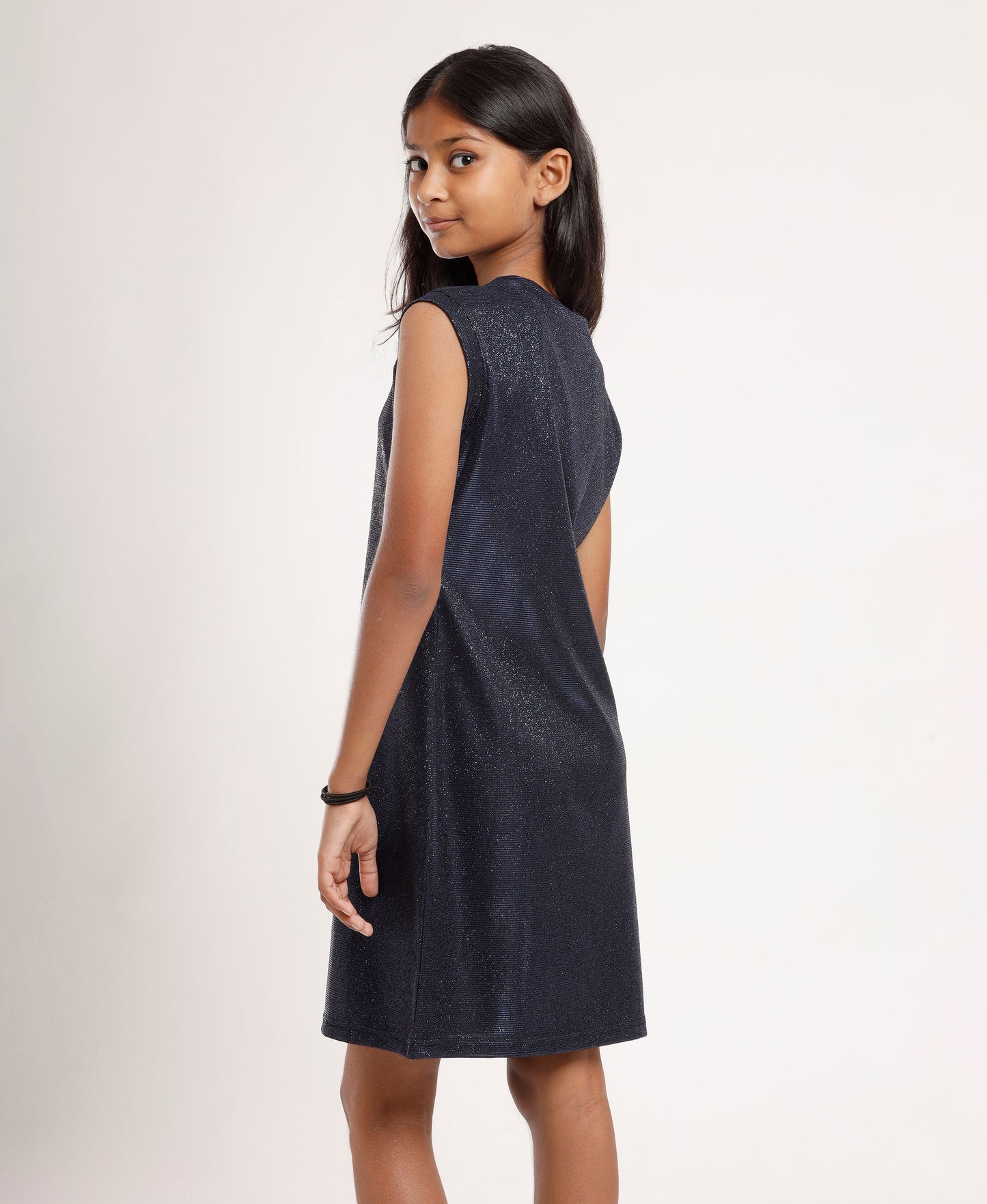 Dark Blue Shimmer Dress – Sleeveless, Structured Neckline, Girls’ Party Wear