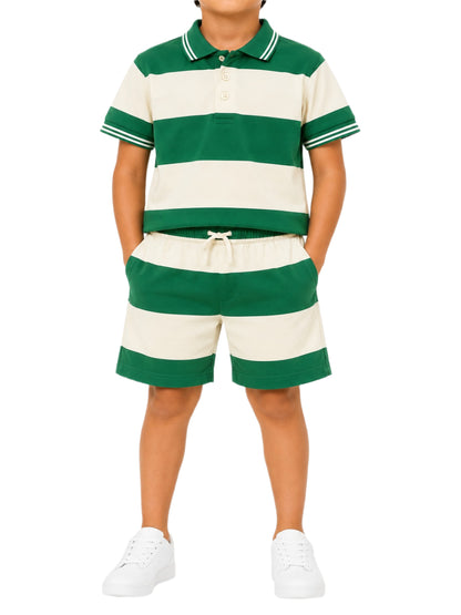 CHILINS Boys Green & White Striped Polo T-Shirt & Shorts Set
