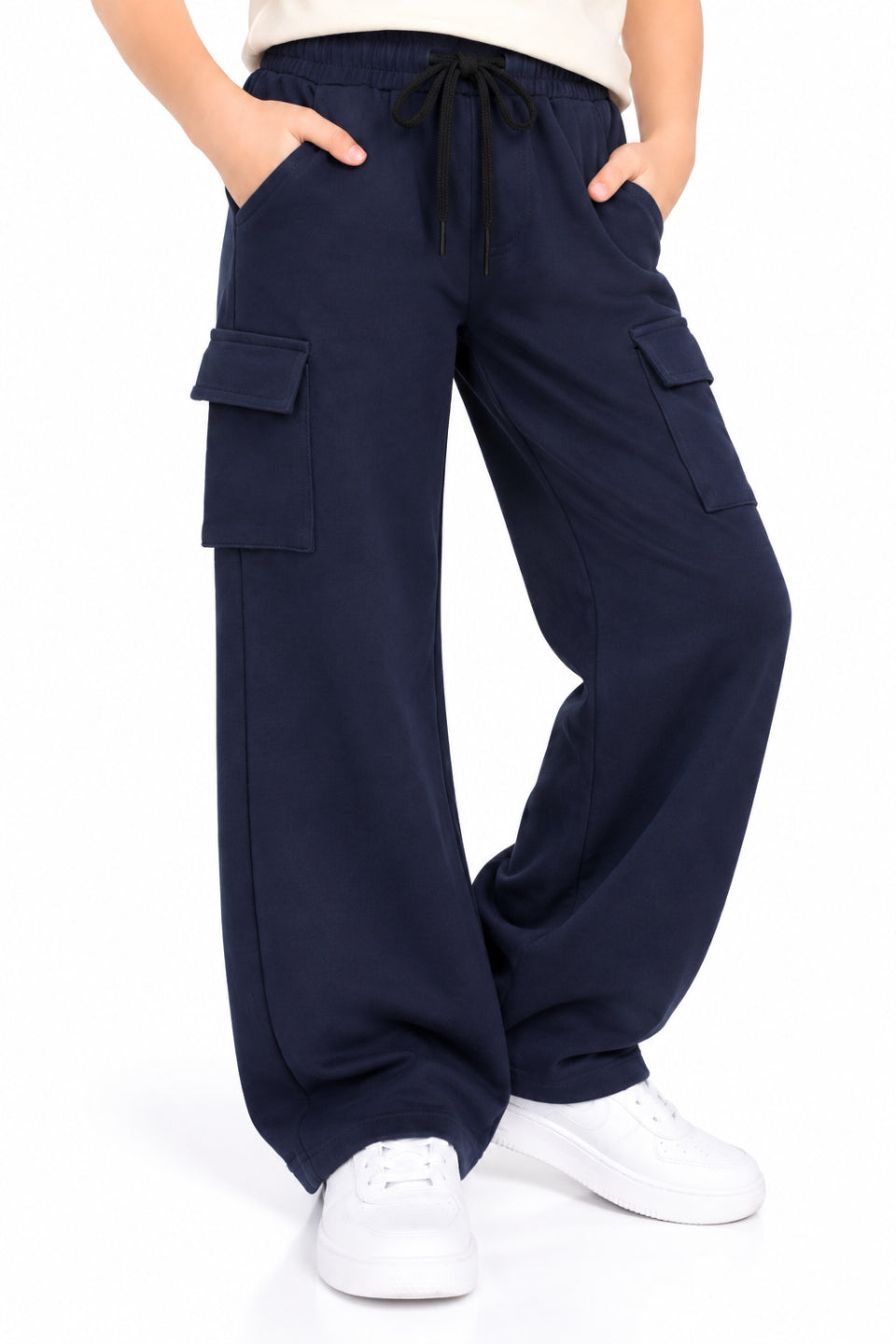 CHILINS Girls Navy Blue Cotton Cargo Track Pants | Wide-Leg Trousers with Drawstring Waist