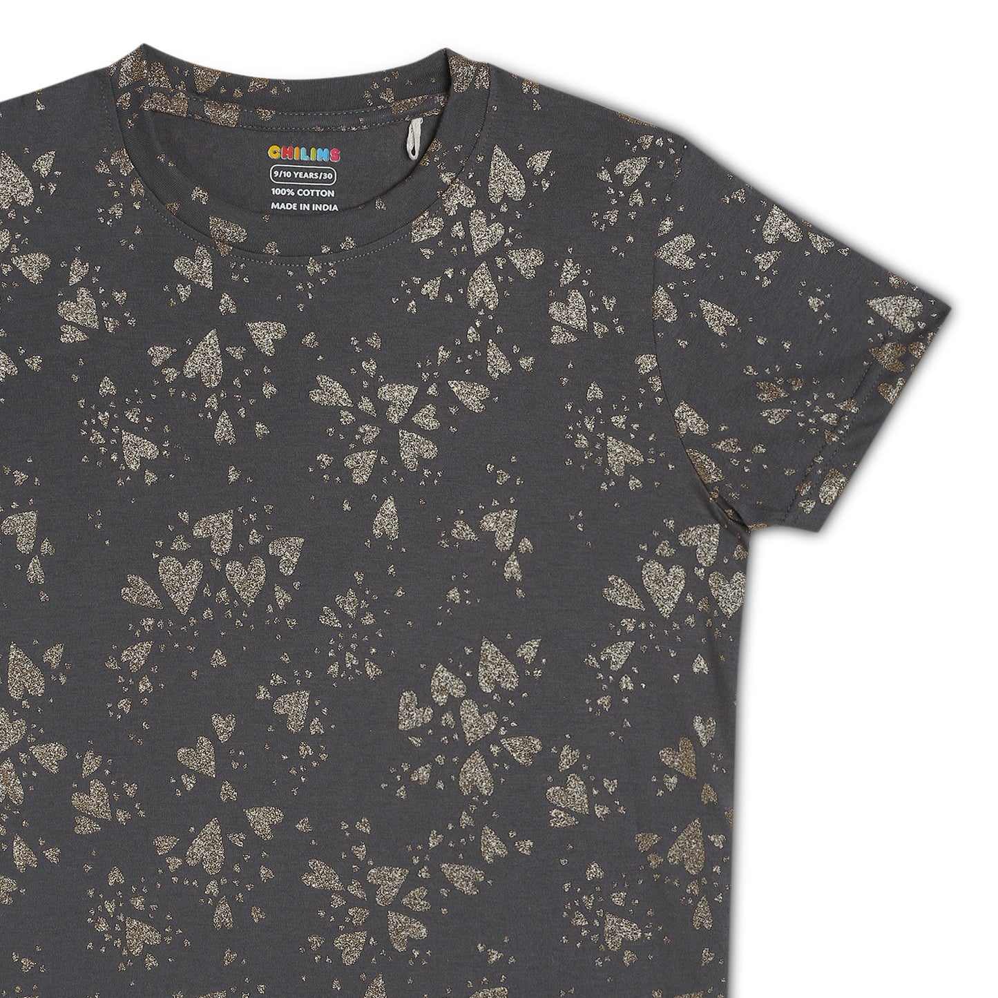 Kids Girls Regular Round Neck Cotton Fit T-Shirt Grey Gold Print