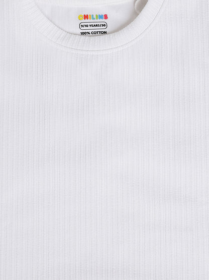 CHILINS Kids White Textured T-Shirt | Polyester Blended Ribbed Casual Top for Boys & Girls