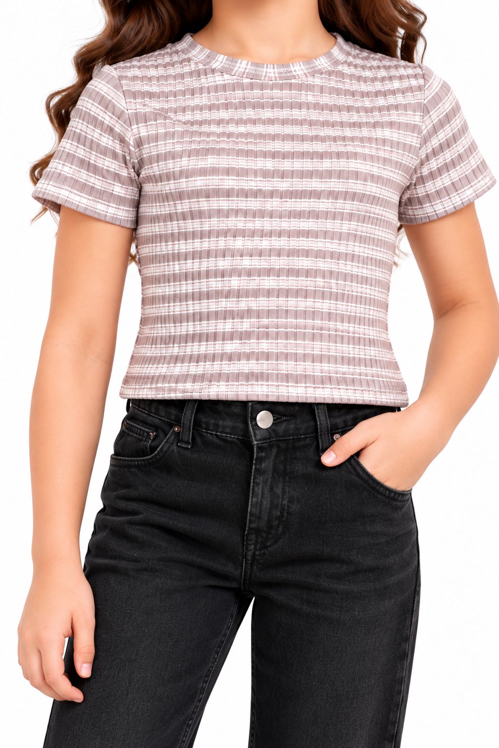 CHILINS Girls Grey & White Striped Crop Top | Short Sleeve Round Neck Casual Top