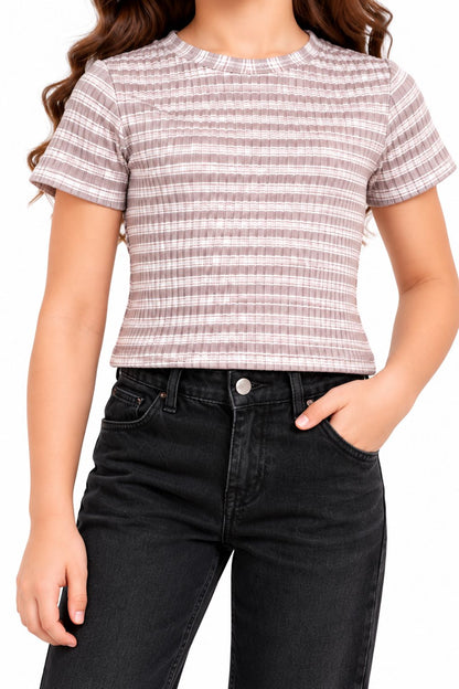 CHILINS Girls Grey & White Striped Crop Top | Short Sleeve Round Neck Casual Top