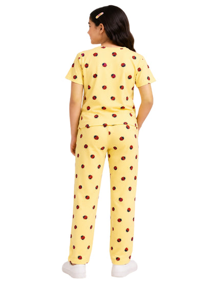 CHILINS Girls Yellow Printed T-Shirt & Pants Co-Ord Set – Casual Loungewear