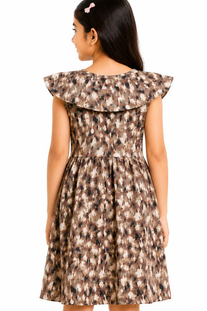 CHILINS Girls Cotton Gray Printed Flutter Sleeve Dress