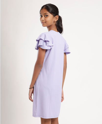 Girls Light Purple Shift Dress | Stylish Ruffle Sleeves | Casual & Outing Wear