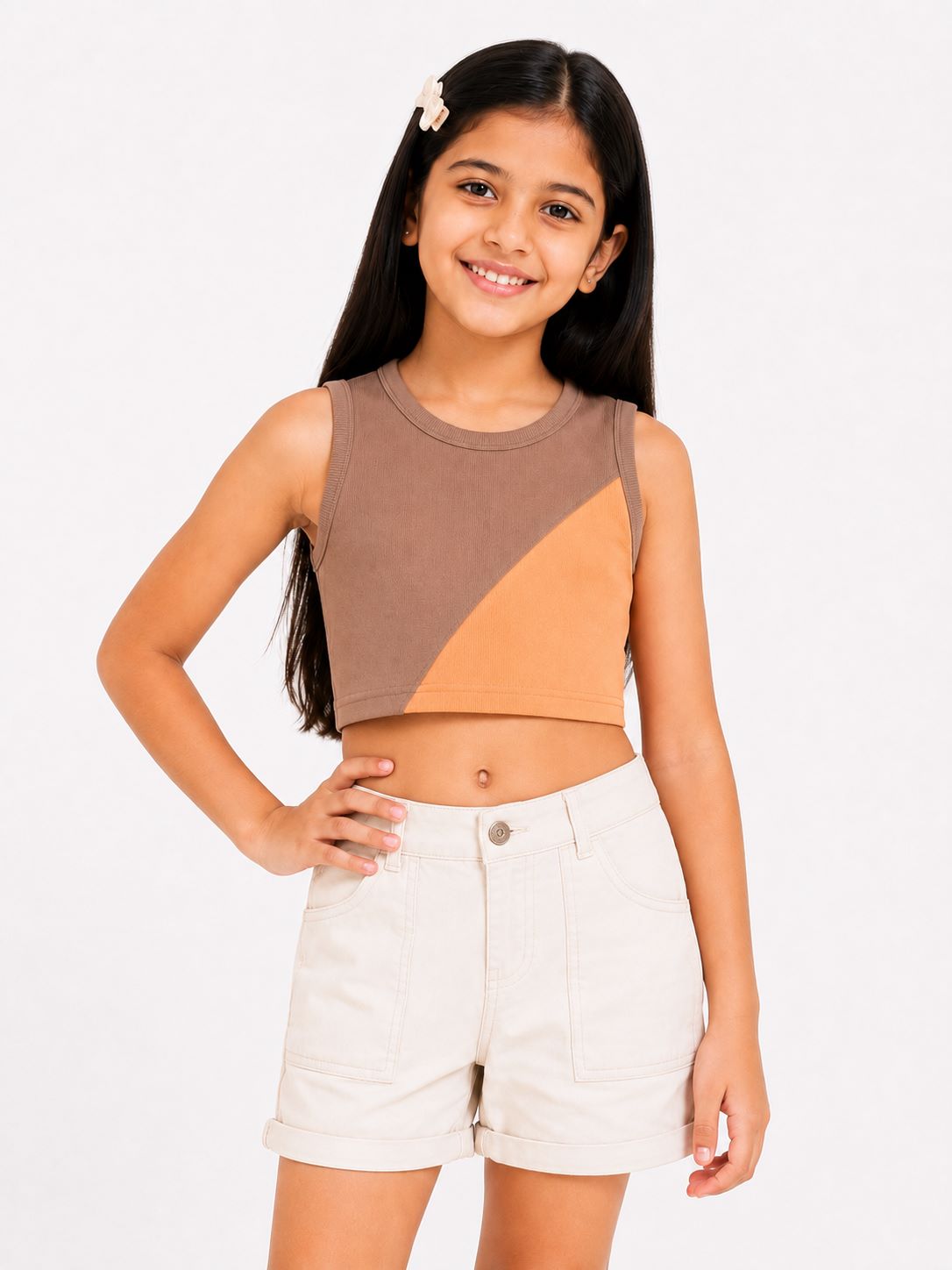 CHILINS Girls Brown & Peach Color Block Sleeveless Crop Top