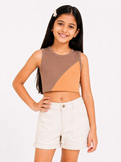 CHILINS Girls Brown & Peach Color Block Sleeveless Crop Top