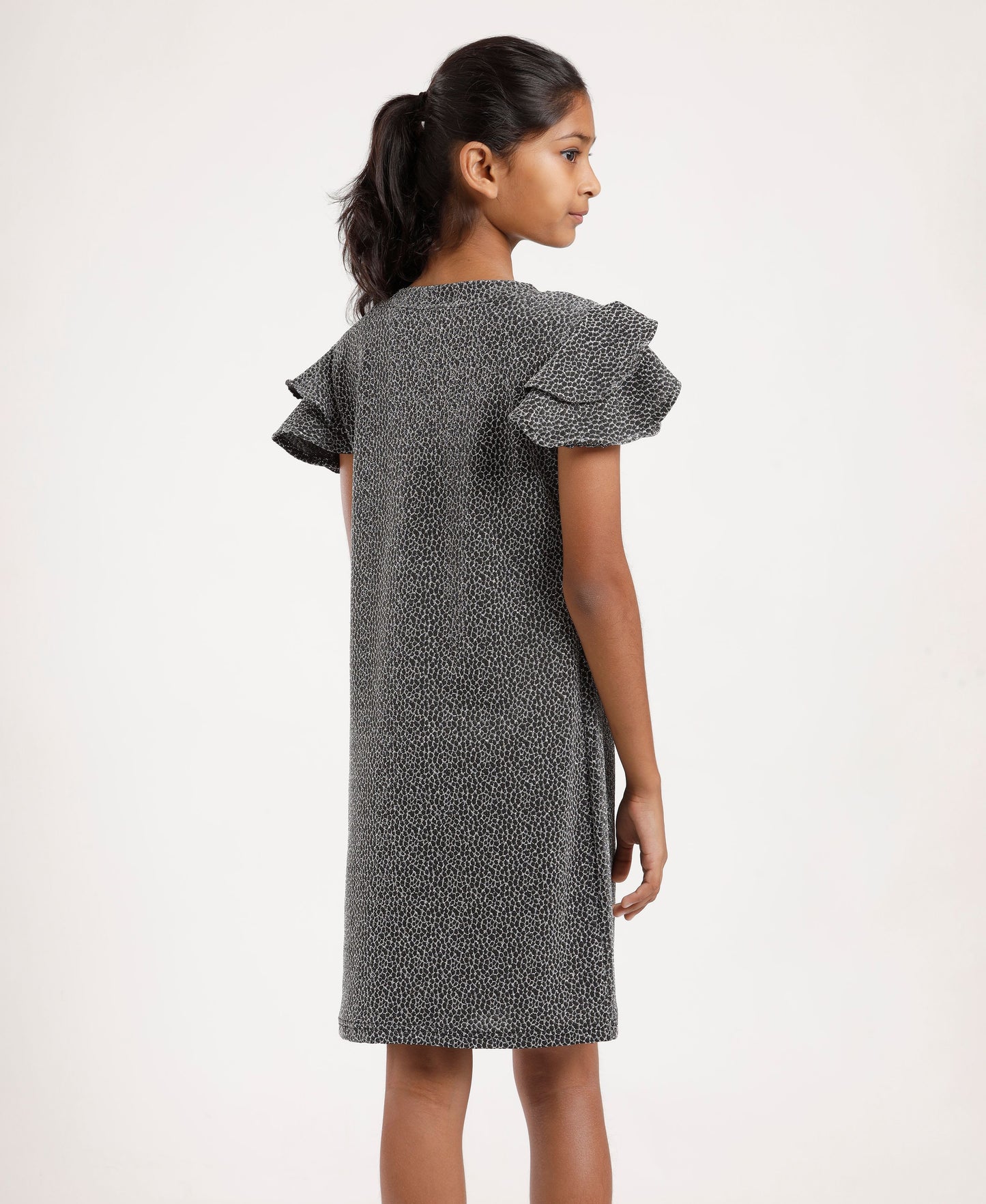 Girls’ Black Printed V-Neck Casual Dress – Soft & Comfortable Short Sleeve A-Line Dress for Everyday Wear