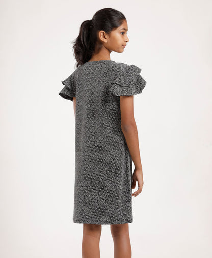 Girls’ Black Printed V-Neck Casual Dress – Soft & Comfortable Short Sleeve A-Line Dress for Everyday Wear