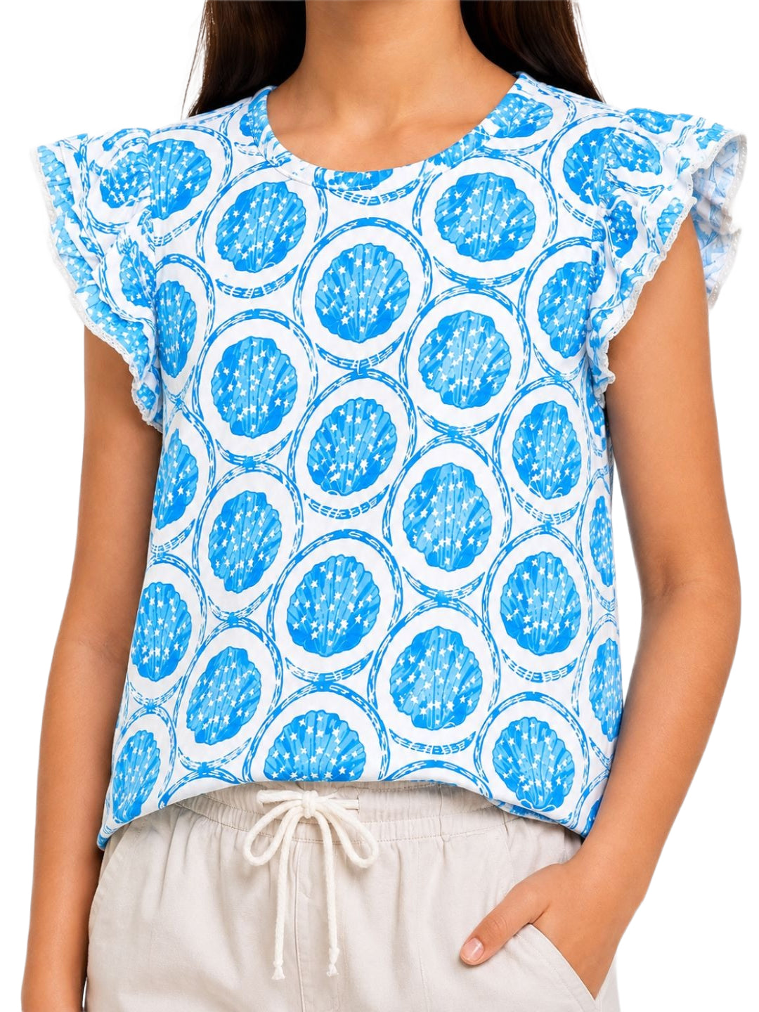 CHILINS Girls Blue Printed Ruffle Sleeve Top