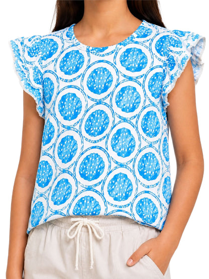CHILINS Girls Blue Printed Ruffle Sleeve Top