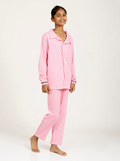 CHILINS Girls Shirt Pyjama Night Dress – Pure Cotton, Pink Checkered