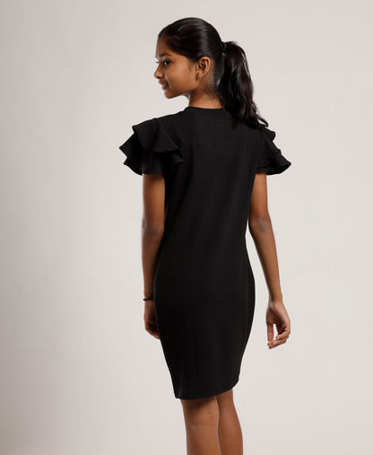 Girls Black Shift Dress | Stylish Ruffle Sleeves | Casual & Outing Wear