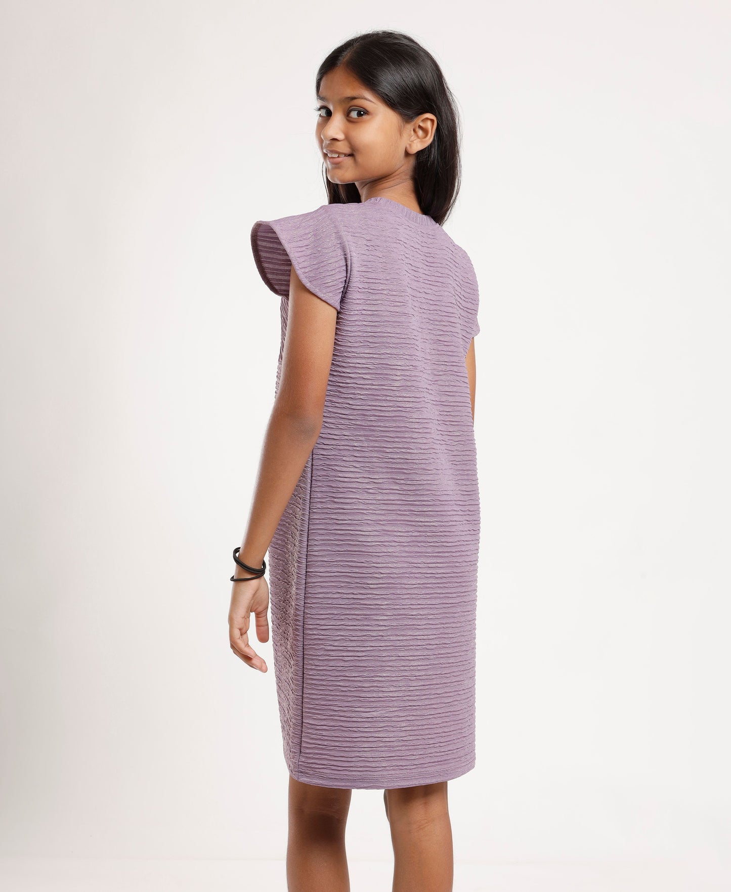 Girls’ Lavender Textured Flutter Sleeve Dress – Soft Comfortable V-Neck Casual & Party Wear Dress for Kids